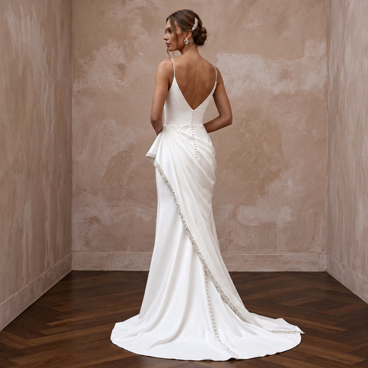 Minimalist Off-White Satin Sheath Wedding Dress for Elopement Photoshoot