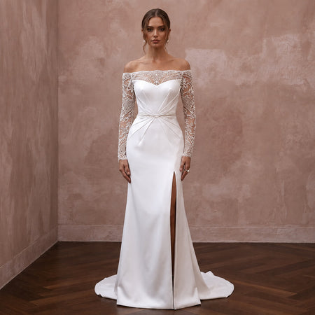 Minimalist Off - White Satin Sheath for Elopement Photoshoot - Apparel & Accessories > Clothing > Wedding & Bridal Party Dresses > Wedding Dresses - Mignonette Bridal