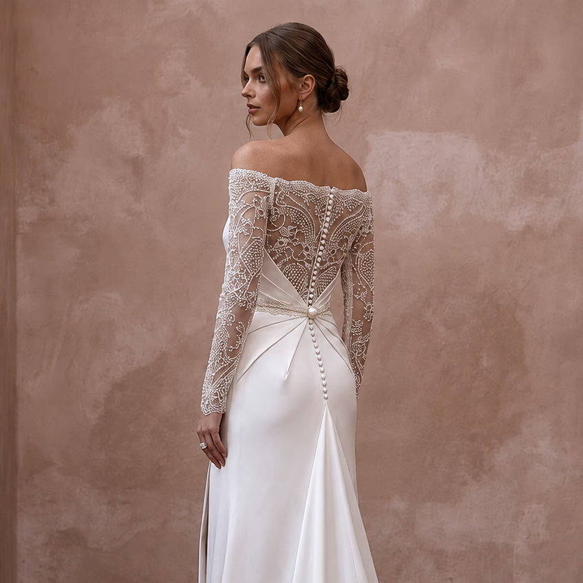 Minimalist Off - White Satin Sheath for Elopement Photoshoot - Apparel & Accessories > Clothing > Wedding & Bridal Party Dresses > Wedding Dresses - Mignonette Bridal