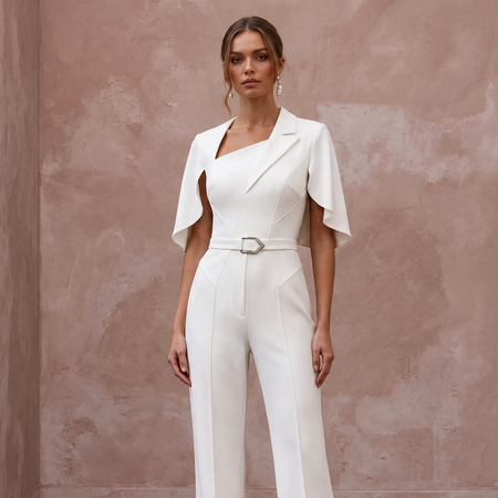 Minimalist Off-White Seamed Crepe Bridal Jumpsuit for City Hall