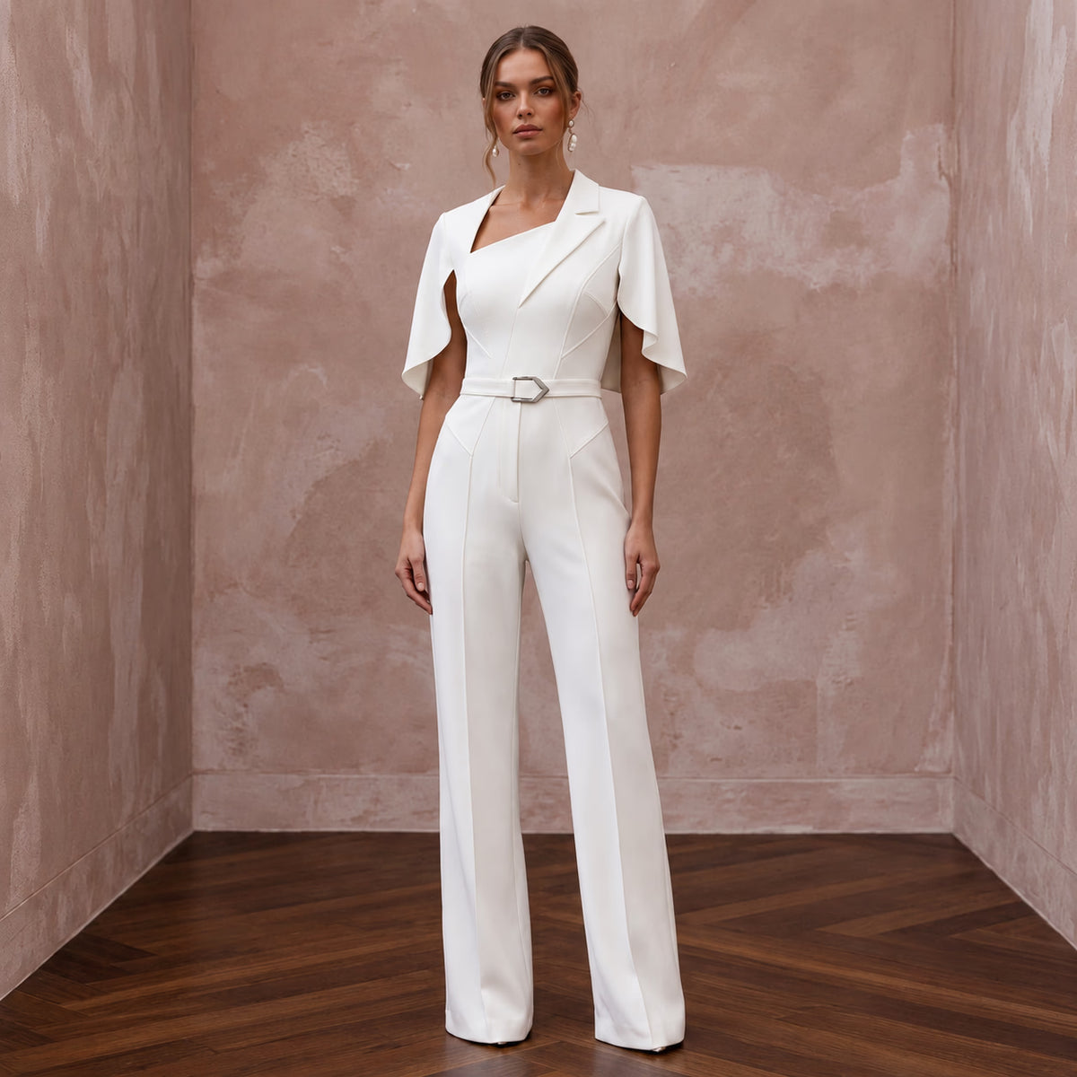 Minimalist Off-White Seamed Crepe Bridal Jumpsuit for City Hall