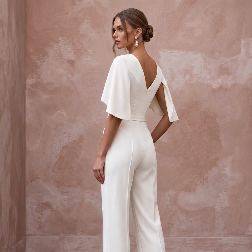 Minimalist Off-White Seamed Crepe Bridal Jumpsuit for City Hall