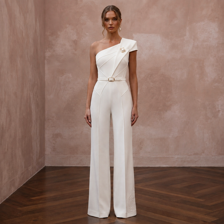 Minimalist Off-White Seamed Crepe Jumpsuit for City Hall