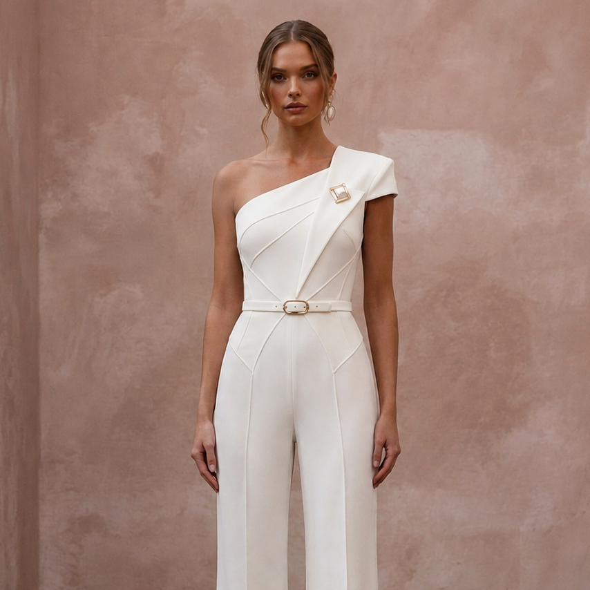 Minimalist Off-White Seamed Crepe Jumpsuit for City Hall
