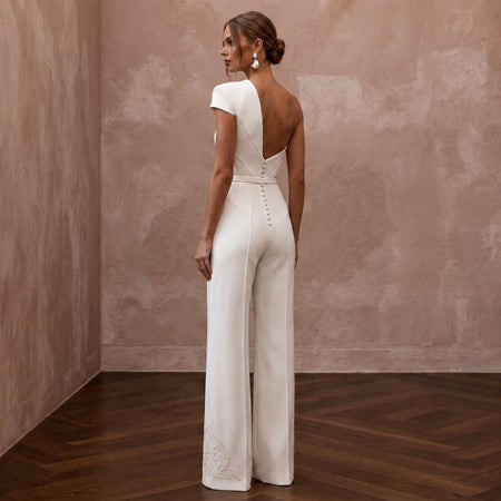 Minimalist Off - White Seamed Crepe Jumpsuit for City Hall - Apparel & Accessories > Clothing > Wedding & Bridal Party Dresses > Wedding Dresses - Mignonette Bridal