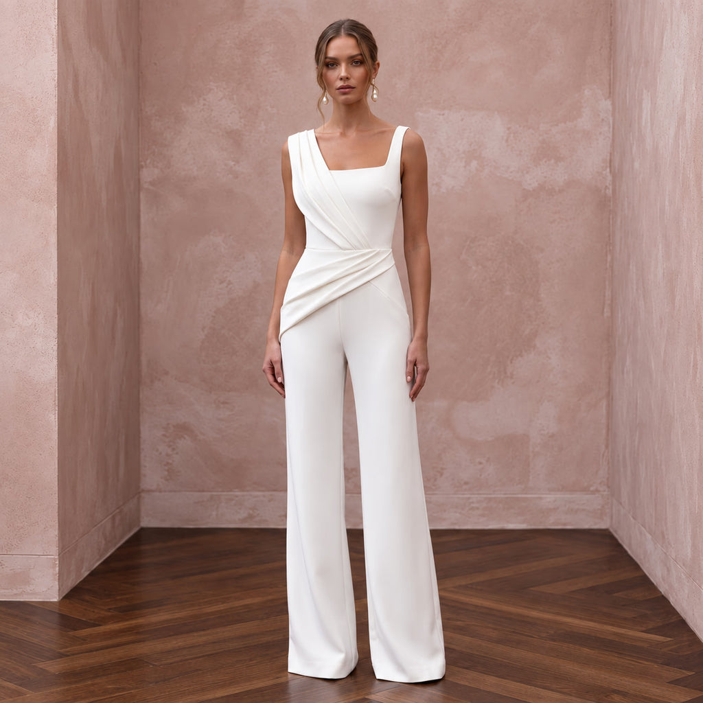 Minimalist Off-White Stretch Crepe Square Neck Bridal Jumpsuit