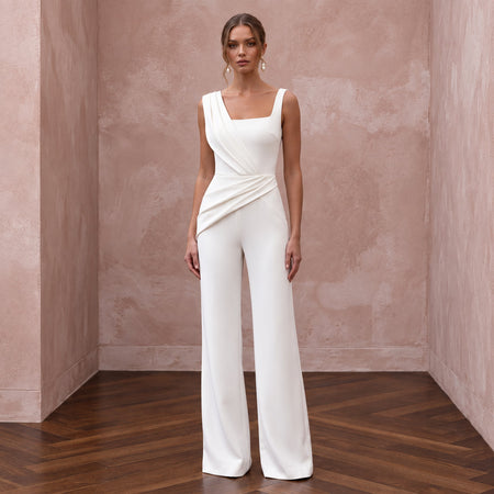 Minimalist Off-White Stretch Crepe Square Neck Bridal Jumpsuit