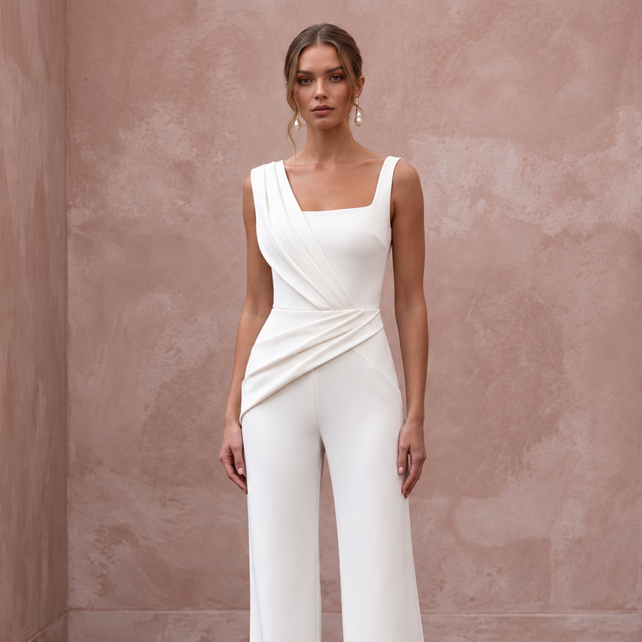 Minimalist Off-White Stretch Crepe Square Neck Bridal Jumpsuit