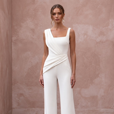 Minimalist Off-White Stretch Crepe Square Neck Bridal Jumpsuit