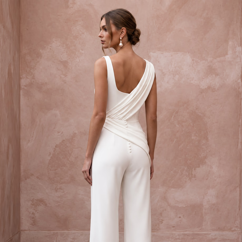 Minimalist Off-White Stretch Crepe Square Neck Bridal Jumpsuit