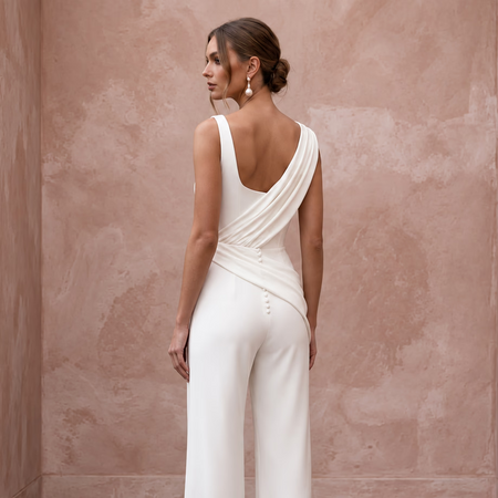 Minimalist Off-White Stretch Crepe Square Neck Bridal Jumpsuit