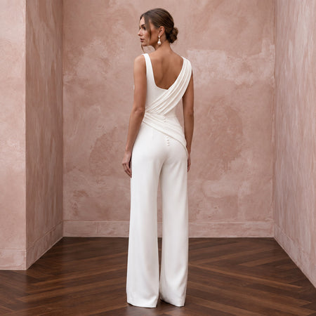 Minimalist Off-White Stretch Crepe Square Neck Bridal Jumpsuit
