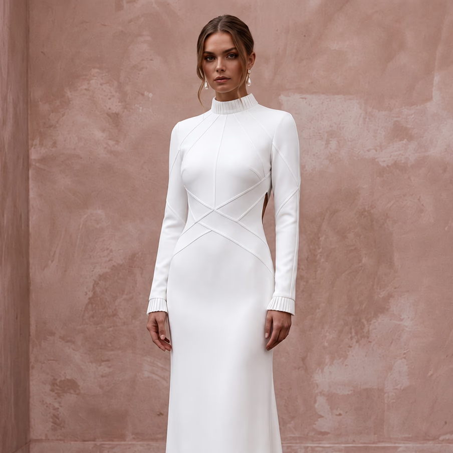 Minimalist Pure White Heavy Crepe Mock Neck Long Sleeve Gown