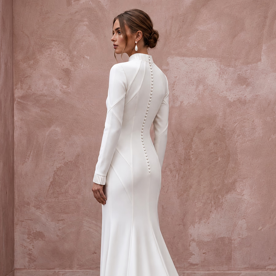 Minimalist Pure White Heavy Crepe Mock Neck Long Sleeve Gown