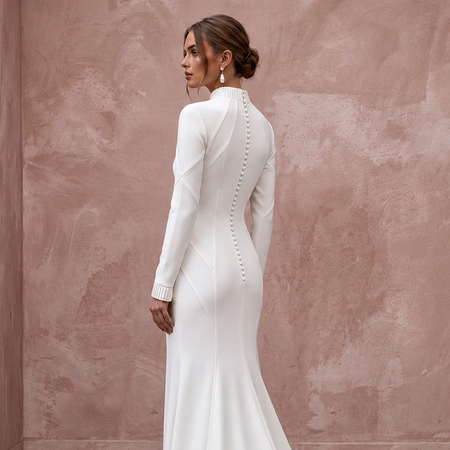 Minimalist Pure White Heavy Crepe Mock Neck Long Sleeve Gown