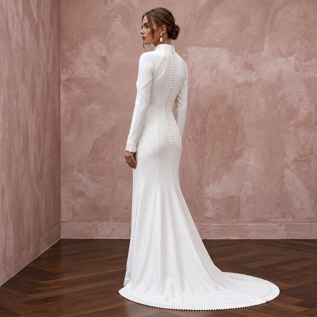 Minimalist Pure White Heavy Crepe Mock Neck Long Sleeve Gown