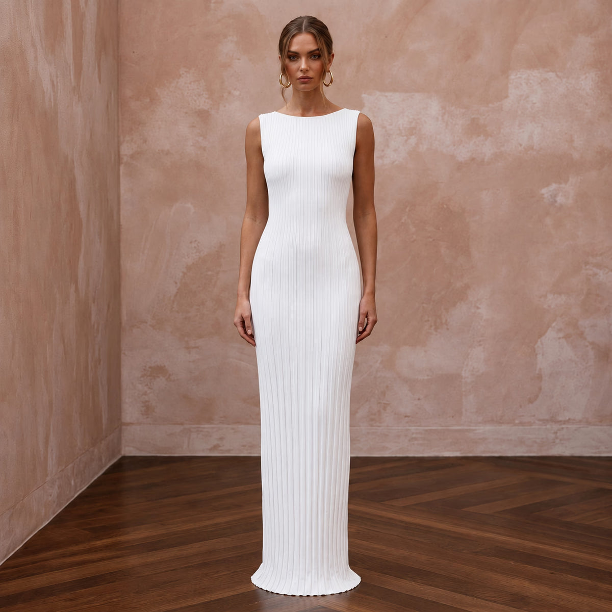 Minimalist Pure White Stretch Cotton Ribbed Knit Column Gown