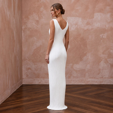 Minimalist Pure White Stretch Cotton Ribbed Knit Column Gown