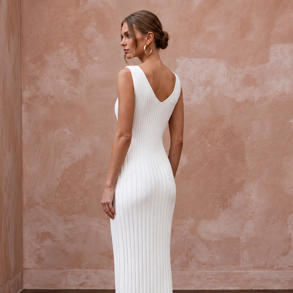 Minimalist Pure White Stretch Cotton Ribbed Knit Column Gown