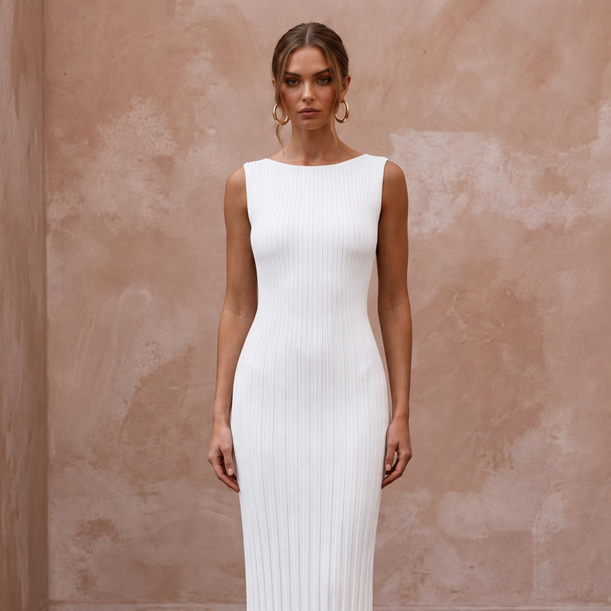 Minimalist Pure White Stretch Cotton Ribbed Knit Column Gown