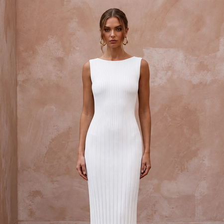 Minimalist Pure White Stretch Cotton Ribbed Knit Column Gown
