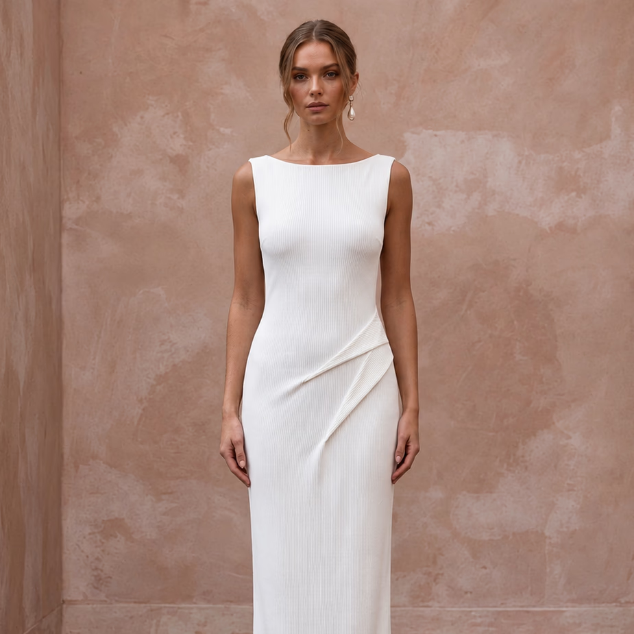 Minimalist pure white stretch cotton ribbed knit column gown with elegant draping detail. Perfect for formal occasions.