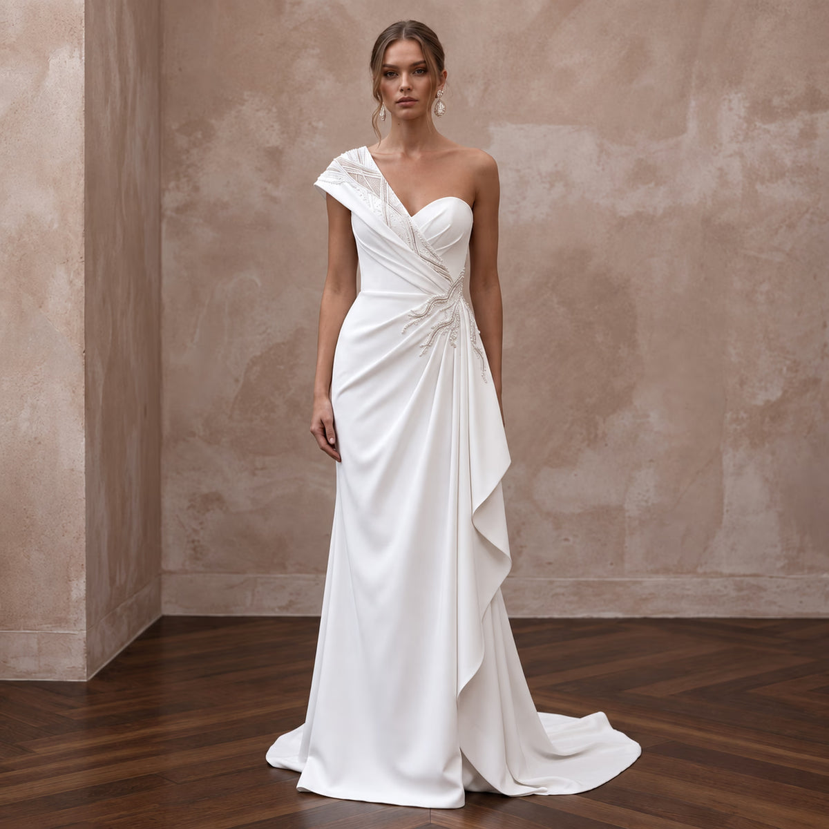 Minimalist Pure White Stretch Crepe Asymmetrical One - Shoulder Gown - Apparel & Accessories > Clothing > Wedding & Bridal Party Dresses > Wedding Dresses - Mignonette Bridal