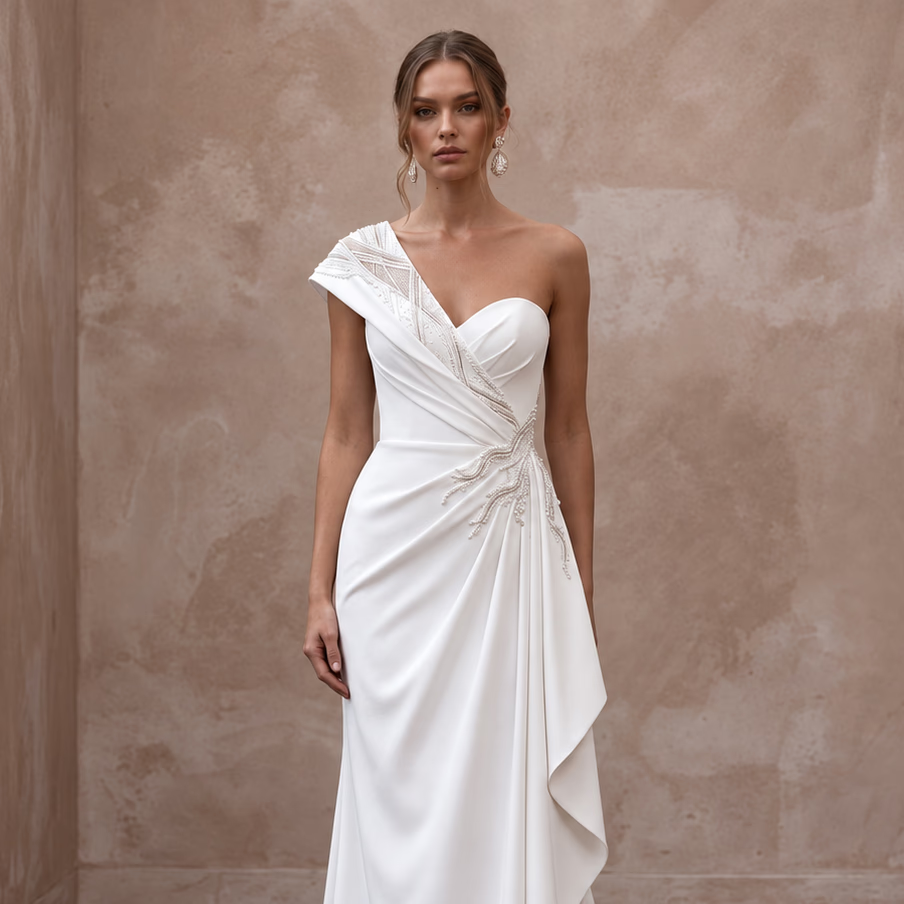 Minimalist Pure White Stretch Crepe Asymmetrical One - Shoulder Gown - Apparel & Accessories > Clothing > Wedding & Bridal Party Dresses > Wedding Dresses - Mignonette Bridal