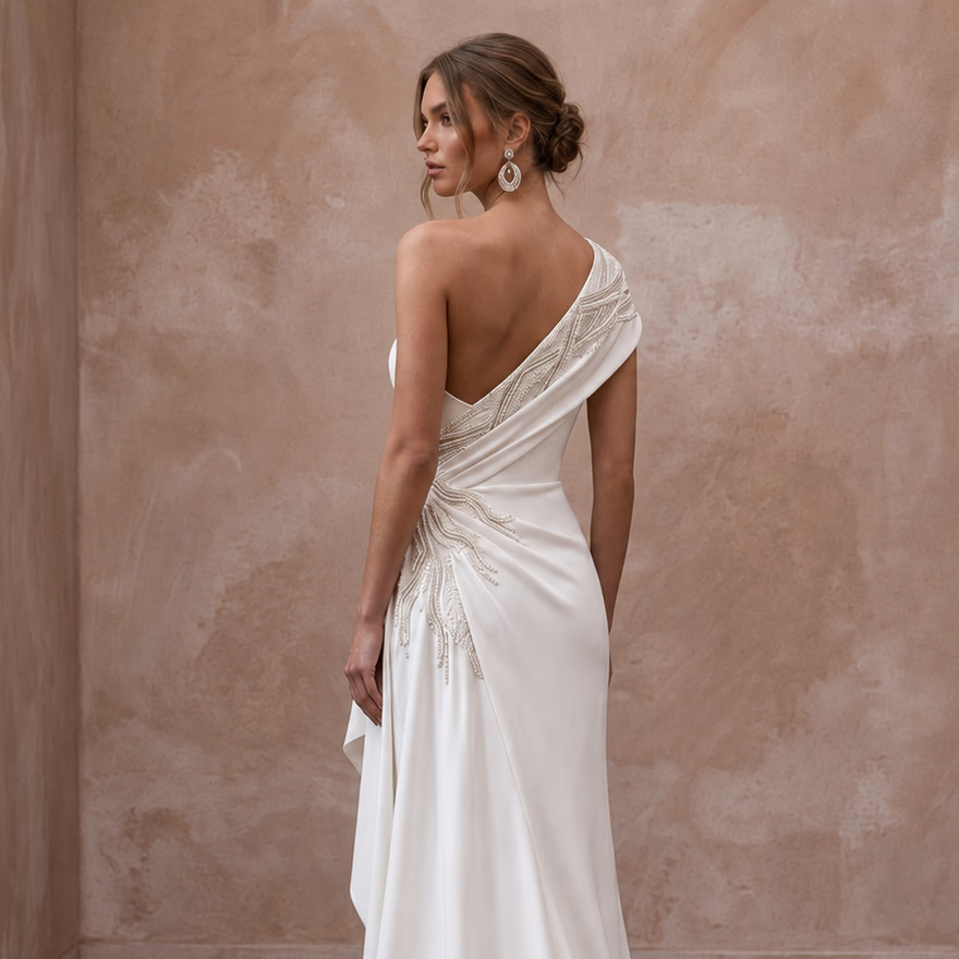 Minimalist Pure White Stretch Crepe Asymmetrical One - Shoulder Gown - Apparel & Accessories > Clothing > Wedding & Bridal Party Dresses > Wedding Dresses - Mignonette Bridal