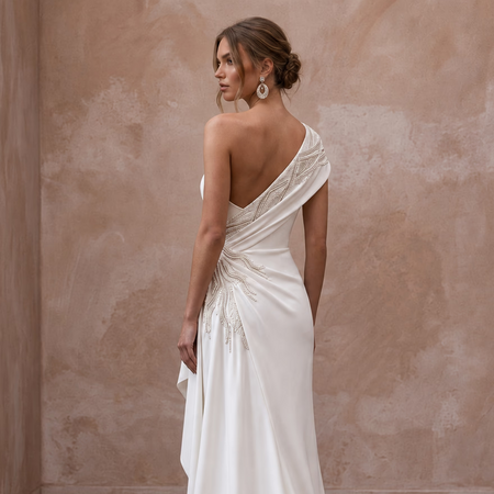 Minimalist Pure White Stretch Crepe Asymmetrical One - Shoulder Gown - Apparel & Accessories > Clothing > Wedding & Bridal Party Dresses > Wedding Dresses - Mignonette Bridal