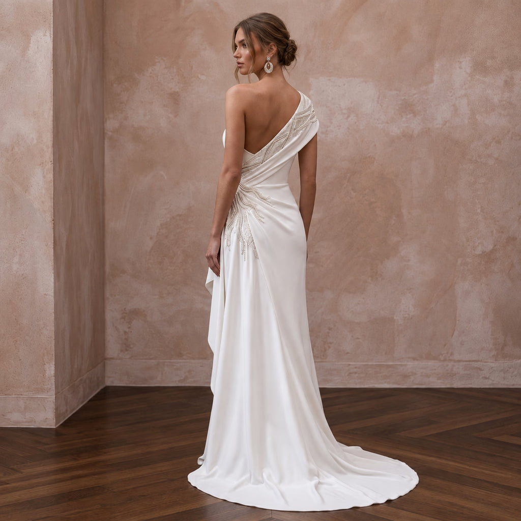 Minimalist Pure White Stretch Crepe Asymmetrical One - Shoulder Gown - Apparel & Accessories > Clothing > Wedding & Bridal Party Dresses > Wedding Dresses - Mignonette Bridal