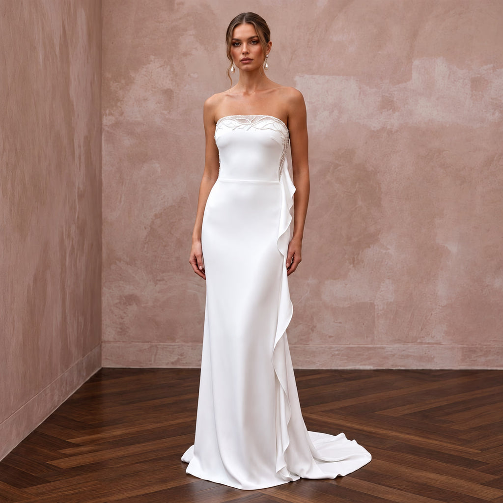 Minimalist Pure White Stretch Silk Bandeau Neckline Maxi Dress