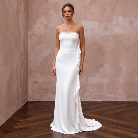 Minimalist Pure White Stretch Silk Bandeau Neckline Maxi Dress