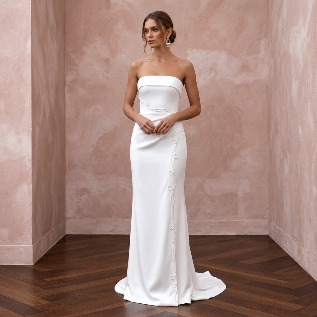 Minimalist Pure White Stretch Silk Bandeau Neckline Maxi Dress - Apparel & Accessories > Clothing > Wedding & Bridal Party Dresses > Wedding Dresses - Mignonette Bridal