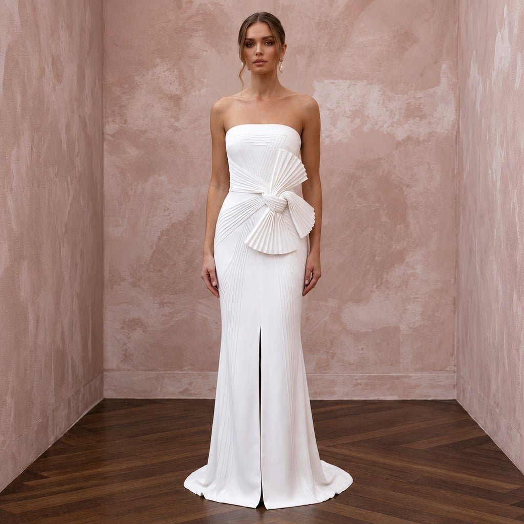 Minimalist Pure White Stretch Silk Bandeau Neckline Maxi Dress