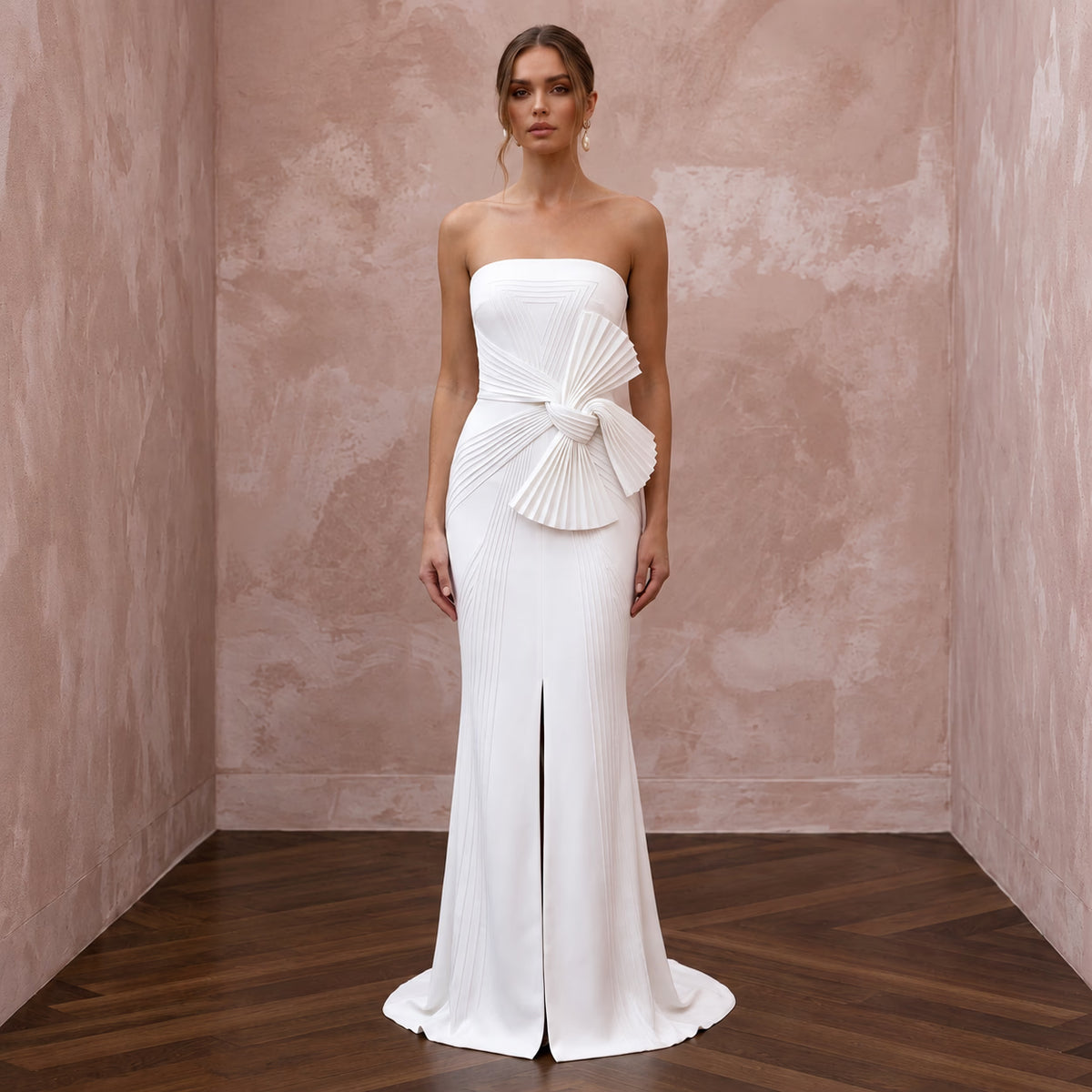 Minimalist Pure White Stretch Silk Bandeau Neckline Maxi Dress