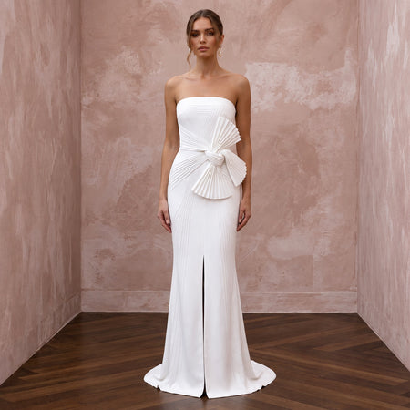 Minimalist Pure White Stretch Silk Bandeau Neckline Maxi Dress