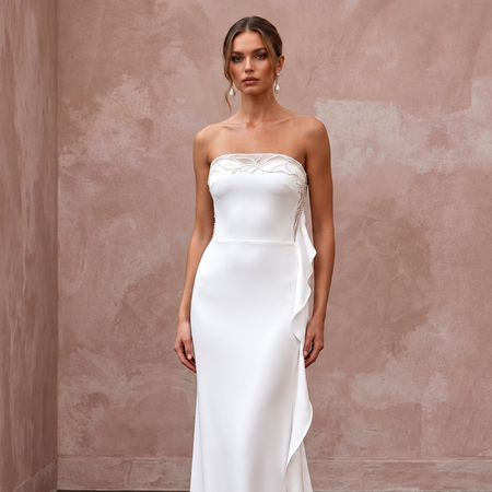 Minimalist Pure White Stretch Silk Bandeau Neckline Maxi Dress