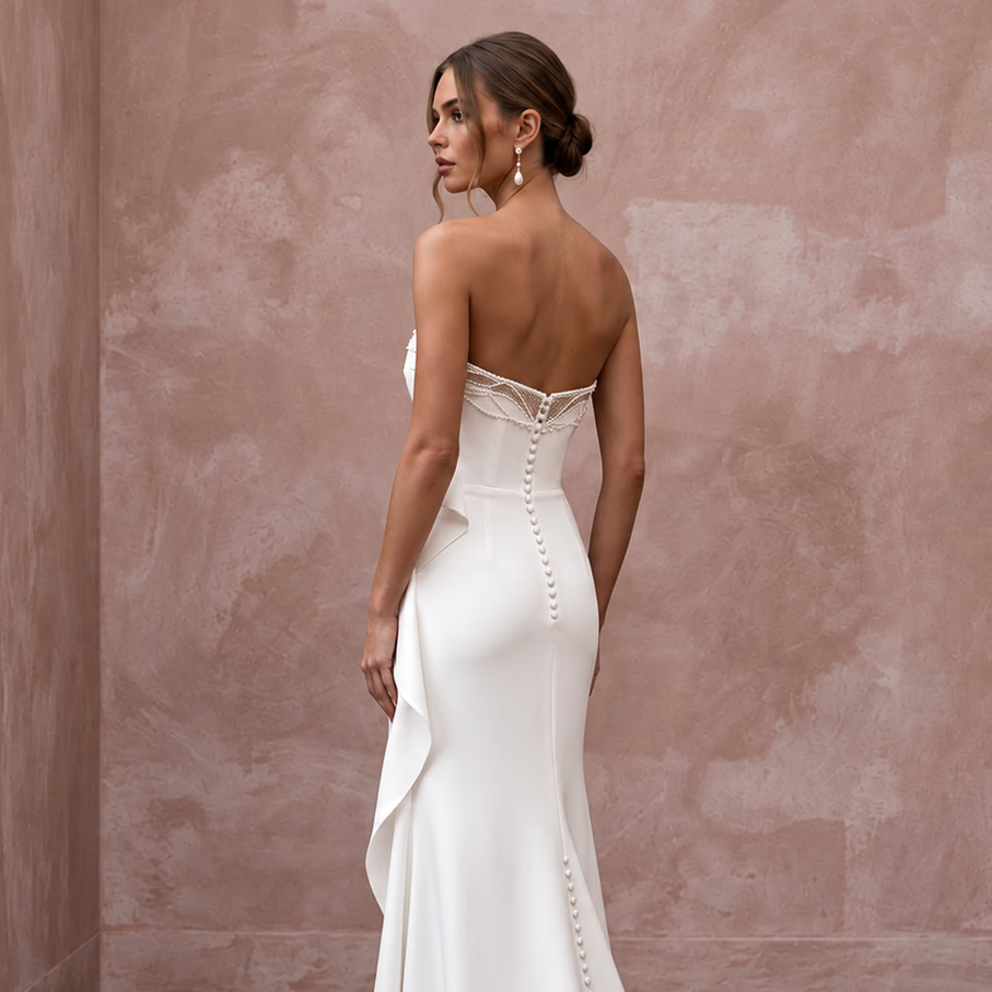 Minimalist Pure White Stretch Silk Bandeau Neckline Maxi Dress