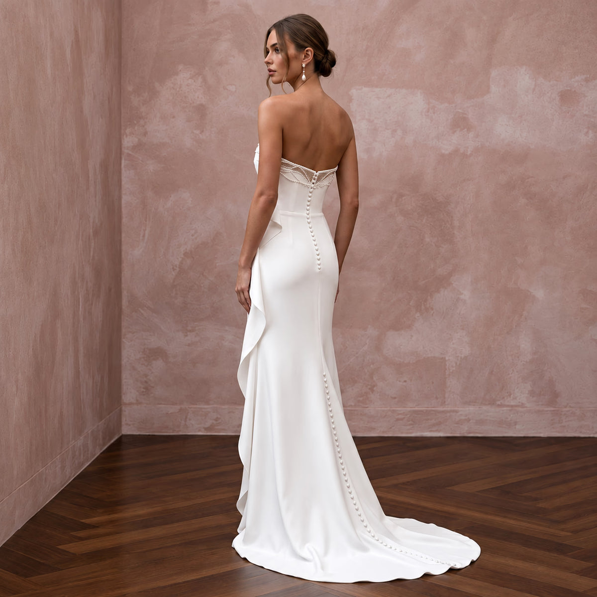 Minimalist Pure White Stretch Silk Bandeau Neckline Maxi Dress