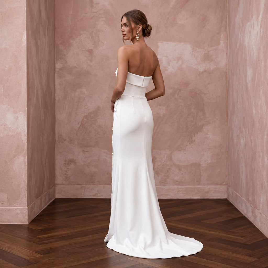 Minimalist Pure White Stretch Silk Bandeau Neckline Maxi Dress - Apparel & Accessories > Clothing > Wedding & Bridal Party Dresses > Wedding Dresses - Mignonette Bridal