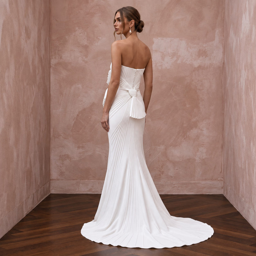 Minimalist Pure White Stretch Silk Bandeau Neckline Maxi Dress