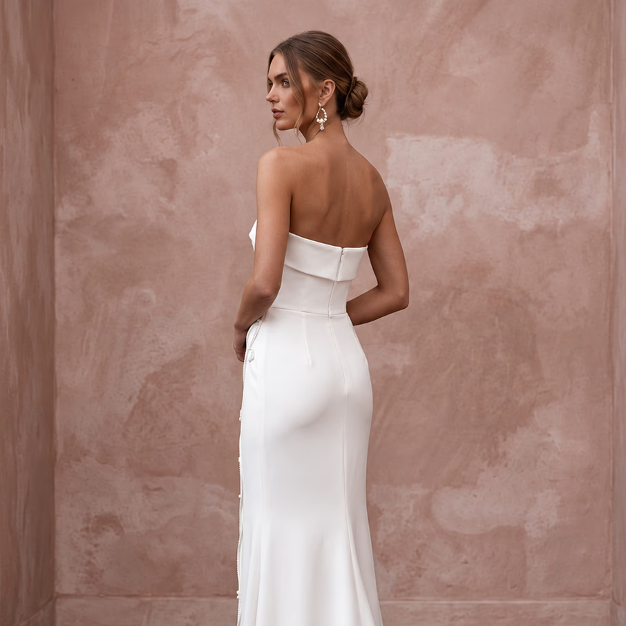 Minimalist Pure White Stretch Silk Bandeau Neckline Maxi Dress - Apparel & Accessories > Clothing > Wedding & Bridal Party Dresses > Wedding Dresses - Mignonette Bridal