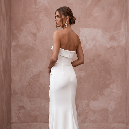 Minimalist Pure White Stretch Silk Bandeau Neckline Maxi Dress - Apparel & Accessories > Clothing > Wedding & Bridal Party Dresses > Wedding Dresses - Mignonette Bridal