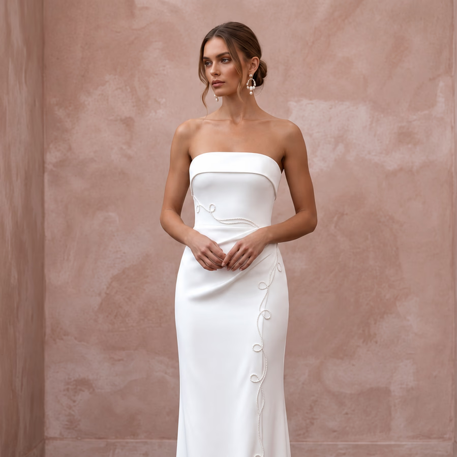Minimalist Pure White Stretch Silk Bandeau Neckline Maxi Dress - Apparel & Accessories > Clothing > Wedding & Bridal Party Dresses > Wedding Dresses - Mignonette Bridal