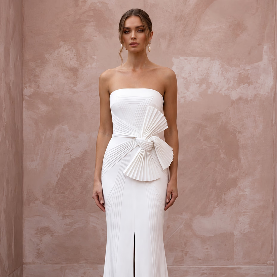 Minimalist Pure White Stretch Silk Bandeau Neckline Maxi Dress