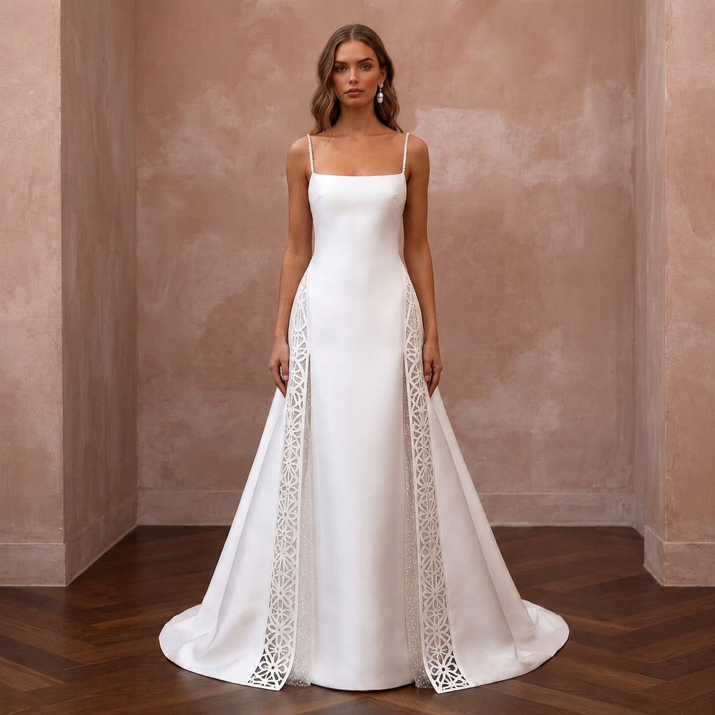 Minimalist Satin A - Line Wedding Dress with Spaghetti Straps - Apparel & Accessories > Clothing > Wedding & Bridal Party Dresses > Wedding Dresses - Mignonette Bridal