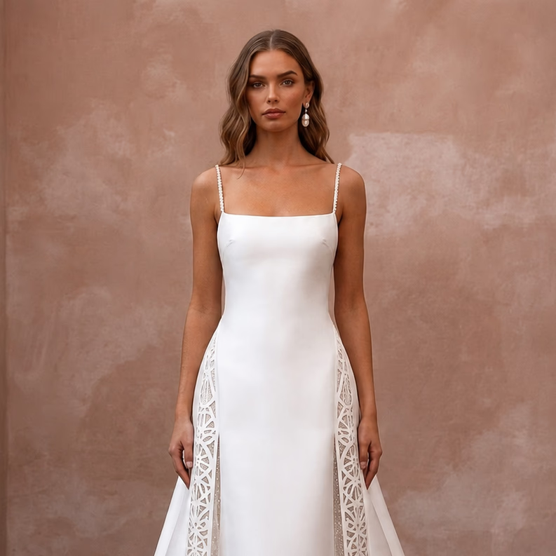 Minimalist Satin A - Line Wedding Dress with Spaghetti Straps - Apparel & Accessories > Clothing > Wedding & Bridal Party Dresses > Wedding Dresses - Mignonette Bridal