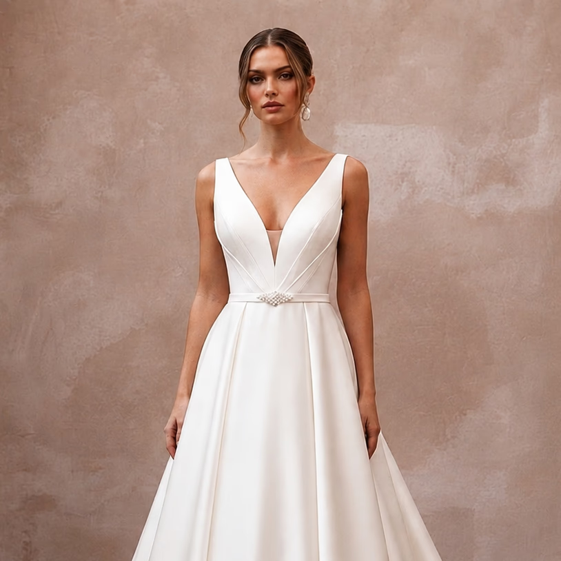 Minimalist Satin Ball Gown Wedding Dress with V - Neck - Apparel & Accessories > Clothing > Wedding & Bridal Party Dresses > Wedding Dresses - Mignonette Bridal