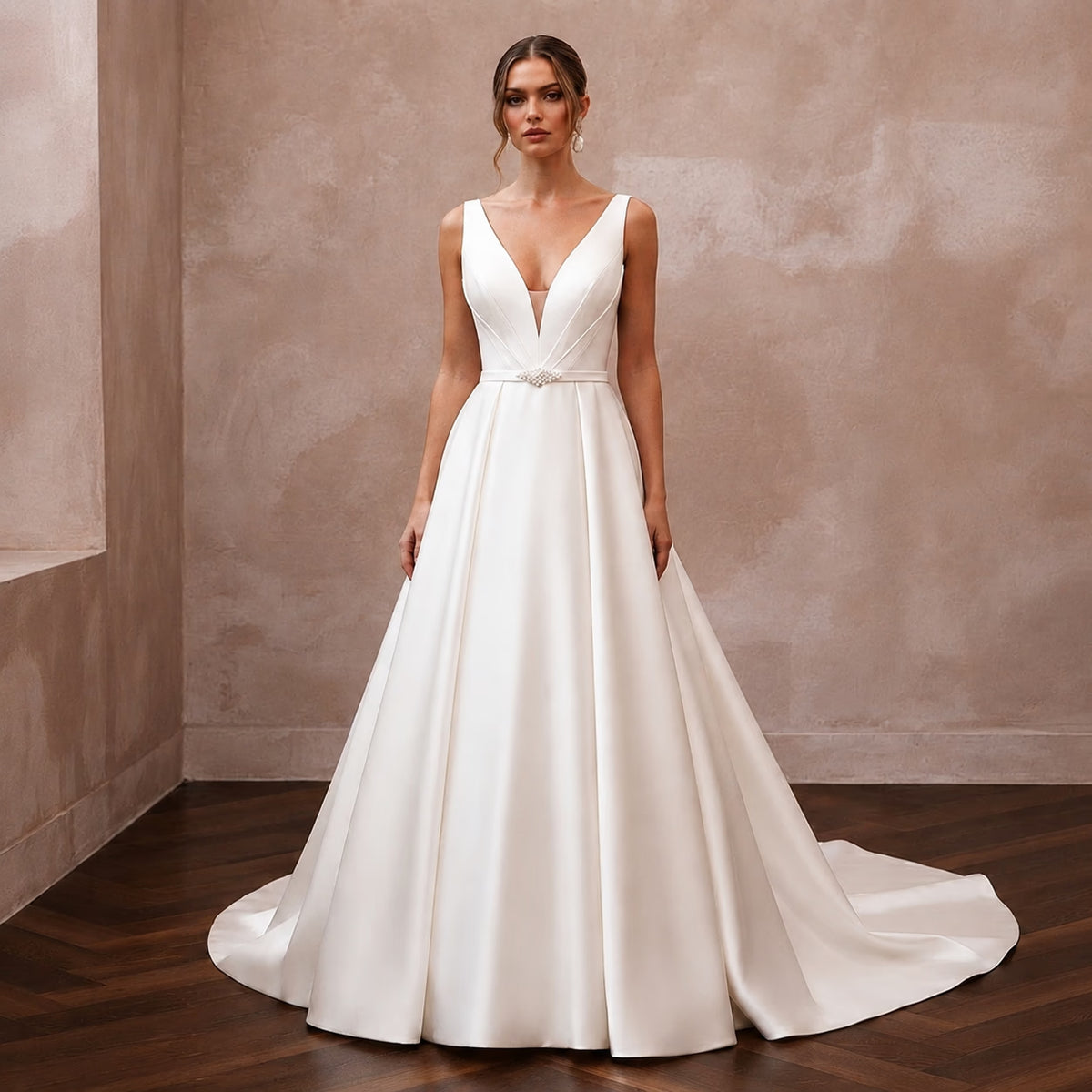 Minimalist Satin Ball Gown Wedding Dress with V - Neck - Apparel & Accessories > Clothing > Wedding & Bridal Party Dresses > Wedding Dresses - Mignonette Bridal Main image